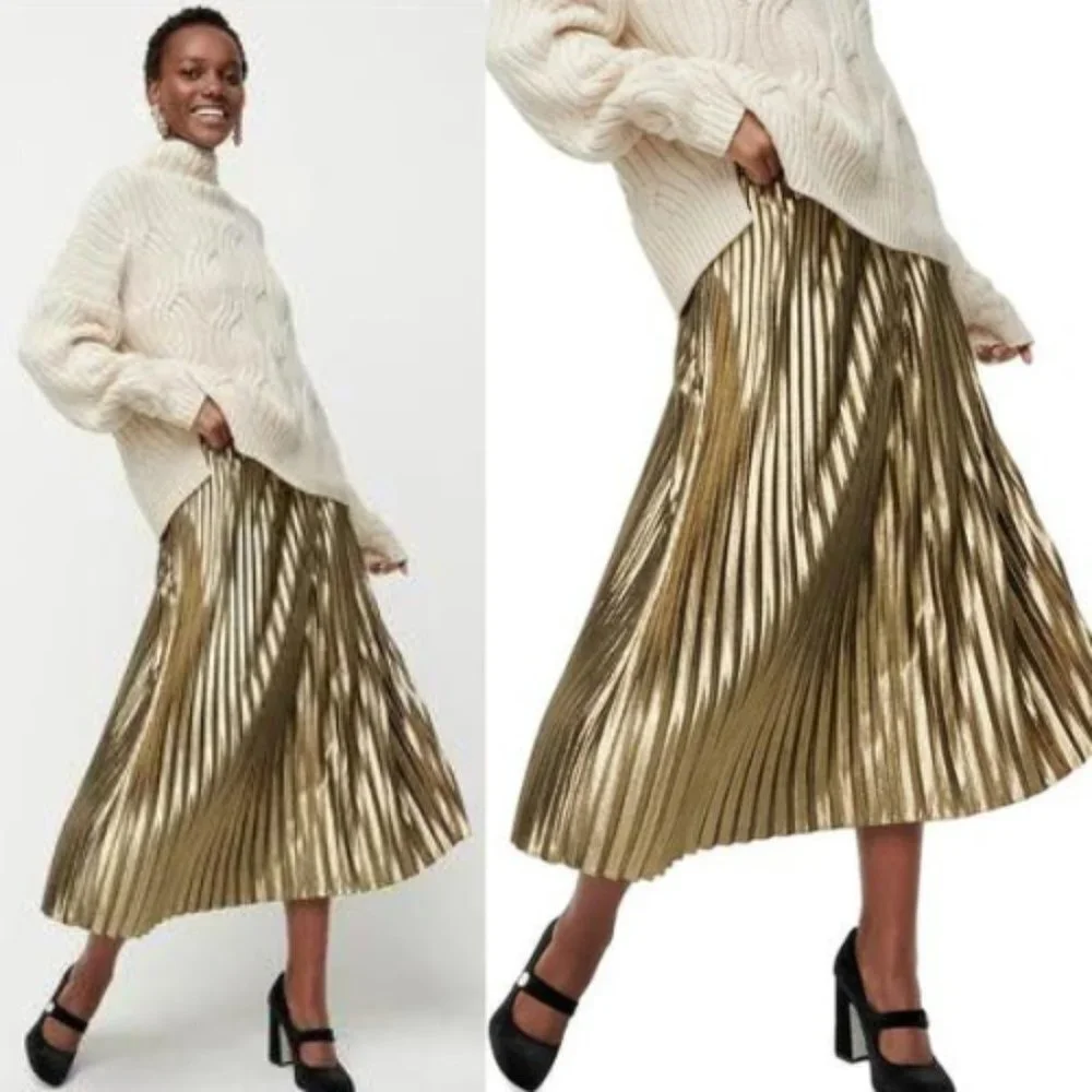 J Crew Pleated Chiffon Lame Midi Skirt In Metallic Gold 30841